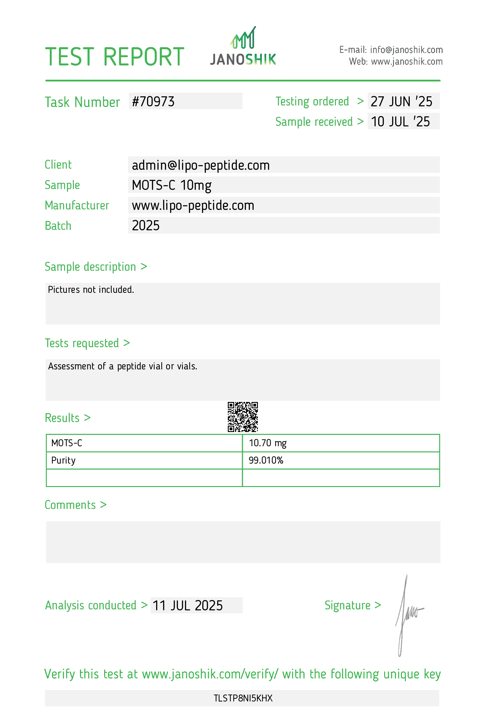 MOTS-C 10mg Test Reports