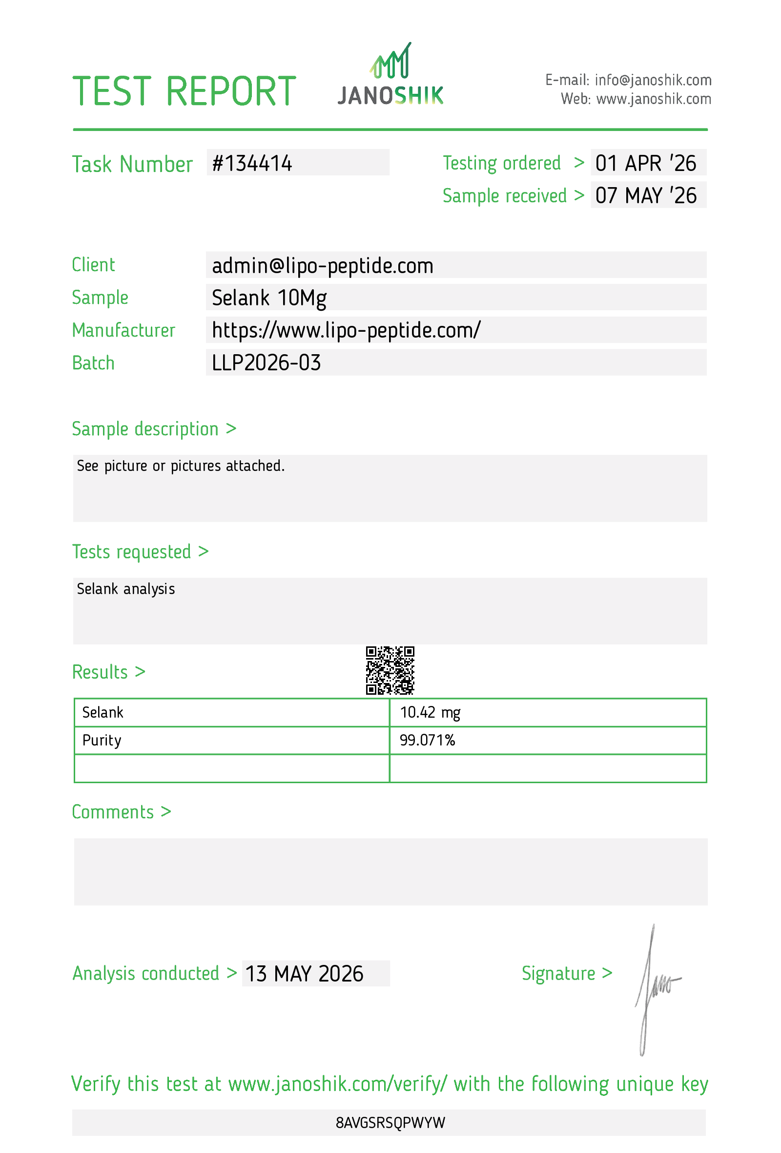 janoshik-report-Selank 10Mg